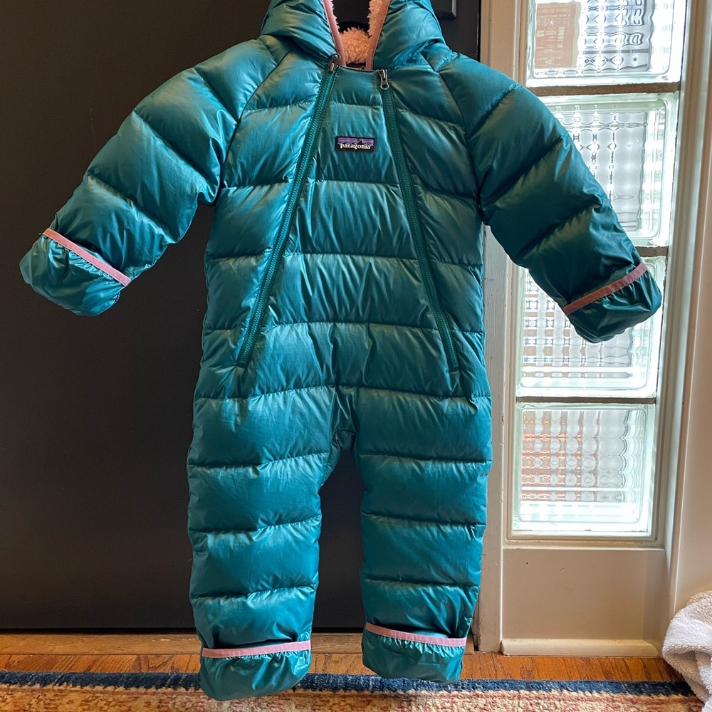 Patagonia Toddler 12-18M Bunting: Teal Outershell with Pink Fuzzy Hood